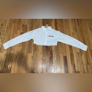 Cropped Button Down White Collared Shirt. “ babe girl “ logo.